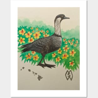 Hawaii state bird and flower, the Nene and yellow hibiscus Posters and Art